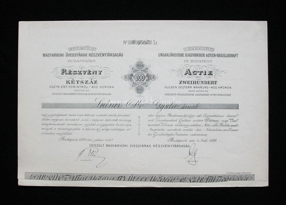 Egyeslt Magyarhoni veggyrak Rt. 200 forint/400 korona 1893